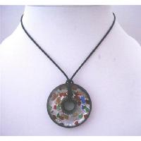 Fabulous Painted Murano Glass Round Pendant Genuine Glass Pendant Painted w/ Black Chord Necklace