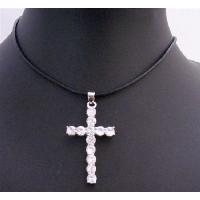 White Cross Pendant w/ Black Leather Cord Necklace Clear Crystals Cross Pendnat 