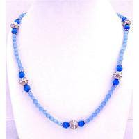 Long Necklace 35 Inches Lite Sapphire Faceted Beads w/ Round Bali Mettalic Beads 