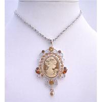 Cameo Victorian Lady Pendant Necklace w/ Golden Shado Crystals Dangling Necklace