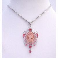 Rose Pink Sparkling Crystals Victorian Lady Cameo Pendant Necklace w/ Dangling Necklace