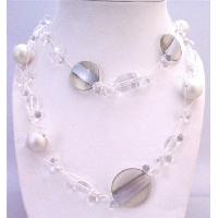 Long Necklace Under $10 White Pearls Clear Acrylic Beads Multi Shaped & Sizes Beads 34 Inches Long Neckalce