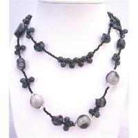 Double Stranded Long Necklace Black Tiny Beads Adorable Affordable With Round & Multi Shaped Black Acrylic Long Necklace