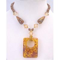 Sequare Pendant Wooden Beaded Long Necklace 22 Inches Long Necklace Ethnic Passion Amber Jewelry Under $10 Necklace   