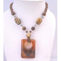 Brown Jasper Jewelry Ventage Sequare Pendant Wooden Beads Long Necklace 22 Inches Jasper Classy Traditional Necklace  