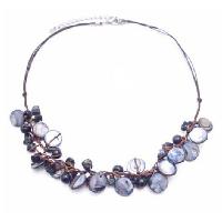 Handmade Necklace With Onyx Styones & Mop Shells Accented Cord Wax Necklace