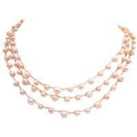 Prom Peach Long Necklace Peach Freshwater Pearls Necklace Silk Silver Necklace