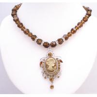 Smoked Topaz Crystals Round Crystals Necklace With Cameo Pendant Diamond Spacer