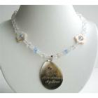Simulated Clear & Ab Crystals Necklace w/ Oval Shell Pendant & Words On Pendant My Love Mon Amour New!!