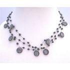 Funky Stunning Necklce Three Stranded Black Shell Black Beads Necklace