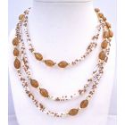 Traditional Long Necklace Brown White Beads 2 or 3 Stranded necklace w/ Gold Beads Spacer Long Necklace