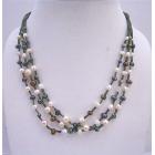 3 Stranded Necklae Freshwater Pearls Metallic Brown Cream & Tumarine Green w/ Jade Beads Necklace