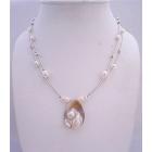 Natural Shell Pearl Pendant Double Stranded Wire Necklace w/ Freshwater Pearls & Silver Beads