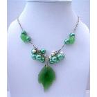 Emerald Crystal Leaf Pendant Fashion Jewelry w/ Simulated Crystal Pendant and Pearls