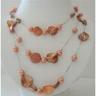 Peach Shelll & Pearl 3 Stranded Long Necklace Shell w/ Simulated Pearl 26 Inches Necklace