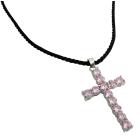 Black Leather Cord Necklace w/ Pink Crystals Cross Pendant