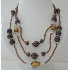 3 Stranded Golden Beads Brown Pearl Millefiori 20 Inches Long Necklace