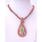 Red Multi Strand Beaded Necklace w/ Abalone Teardrop Embedded Coral Stone