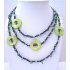 Jade Nuggets Onyx Beads & Green Dyed Mother Shell Rings Long Necklace