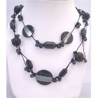 Long Necklace Double Stranded Black Multi Shaped Beads Long Necklace