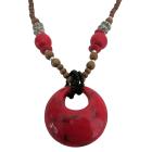Wooden Long Necklace Coral Red Beads w/ Coral Red Colour Round Pendant