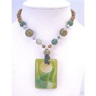 Vintage Square Pendant Fashionable Green Jade Square Pendant Wodden Beads Different Shape & Size Beads 22 Inches Long Necklace