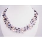 Mauve Pink & Grey Freshwater Pearls Long Necklace 68 Inches Lilac Silk