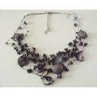 Multistranded Summer Necklace Black Nugget Shell & Beads Necklace Multi String Black Tone Necklace
