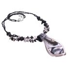 Leaf Murano Glass Pendnt w/ Black White Nuggets Beaded Necklace