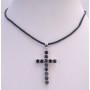 Crystal Long Black Cross Pendant Necklace Leather Cord Necklace