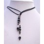 Lariat Necklace w/ Swarovski Mystic Pearls & Jet Crystals w/ Silver Spacer Black Leather Cord Necklace