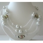 White Beaded 3 Stranded Necklace Simulated White Pearl Millefiori Painted Beads 20 Inches Long Necklace