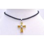 Gold Cross Pendant Necklace Leather Cord Shimmering Gold Cross Pendant