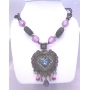 Acrylic Beaded w/ Trendy Traditional Heart Pendant Tassel Necklace