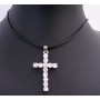 White Cross Pendant w/ Black Leather Cord Necklace Clear Crystal Cross Pendnat