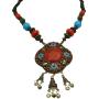 Turquoise Engraved Flower w/ Coral Stones Dangling Bells Necklace