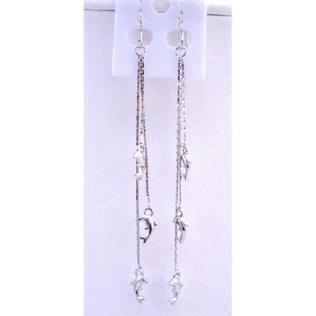 Dolphin Dangling Chandelier Silver Plated String 4 Inches Long Earring