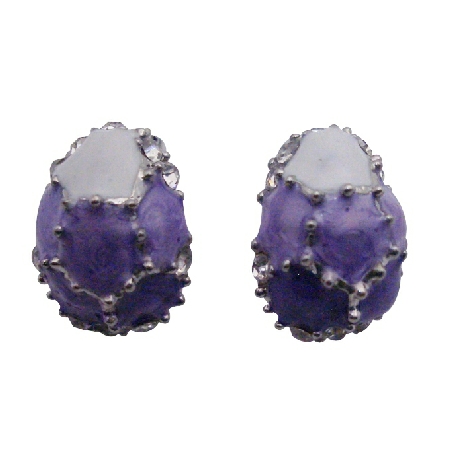 Egg Shaped Earrings Purple Lilac & White w/ Crystals