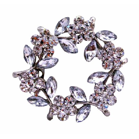 Simulated Diamond Flower Brooch Pin with Enamel White Leaves