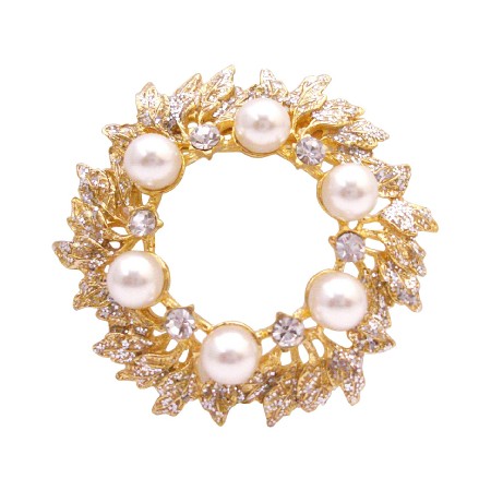 The Intricate Gold Plated Brooch Pin Glittering Cubic Zircon & Pearls