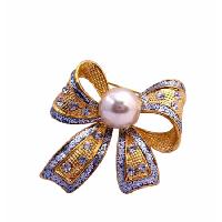 Bow Cubic Zircon Leaf Brooch w/ White Cultured Pearls Pin Brooch