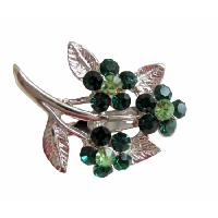 Women Crystals Fashion Flower Brooch w/ Silver plated Stem & Leaf Pin Brooch