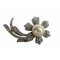 Single Stud Sunflower w/ Long Leaf FLOWER PIN BROOCH SILVER TONE JEWELR & Embedded w/ CZ