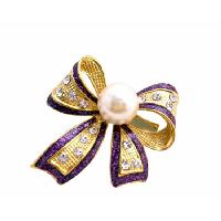 Purple Beautiful OUtline Gold Bow Cubic Zircon Brooch w/ White Cultured Pearls Pin Brooch