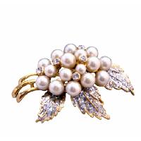 Ivory Pearls Brooch Fancy Gold  Brooch w/ Glitered Leafs w/ Zircon Wedding Brooch
