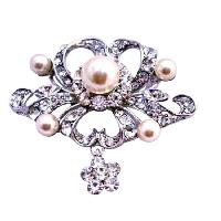 Silver Brooch Fully Encrusted w/ Rhinestones Pearls & Cubic Zircon Flower Dangling 2 Inches Long