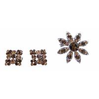 Smoked Brown Crystals Round Brooch Silver Casting Brooch w/ Fabulous Matching Earrings For Dress/Ear Matching New Combo