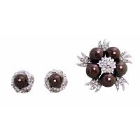 Meroon Pearls Cubic Zircon Gorgeous Fabulous Swarovski Pearls Brooch w/ Matching Earrings Diamante Sparkling Surrounded 