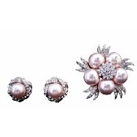Gorgeous Rose Swarovski Pearls Brooch w/ Matching Earrings Genuine Swarovski Rose Pearls w/ Diamante Surrounded 