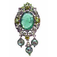 Gorgeous Oxidized Framed Lady Cameo Brooch Sparkling Peridot Crystals Olivine Lady Cameo Photo With Dangling